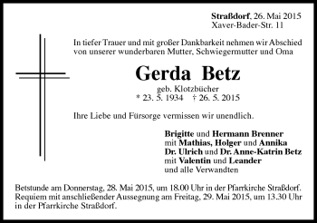 Traueranzeige von Gerda Betz von Gmünder Tagespost