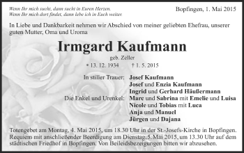 Traueranzeige von Irmgard Kaufmann von Schwäbische Post
