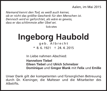 Traueranzeige von Ingeborg Haubold von Schwäbische Post