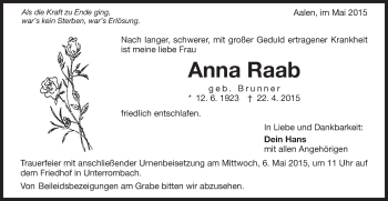 Traueranzeige von Anna Raab von Schwäbische Post