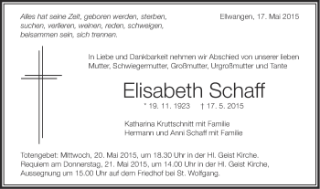 Traueranzeige von Elisabeth Schaff von Schwäbische Post