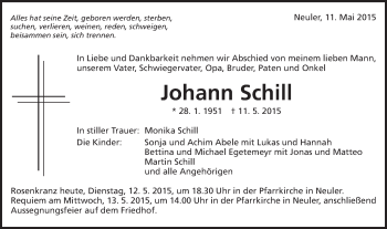 Traueranzeige von Johann Schill von Schwäbische Post