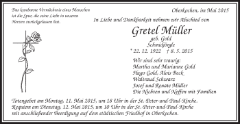 Traueranzeige von Grete Müller von Schwäbische Post