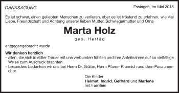 Traueranzeige von Marta Holz von Schwäbische Post