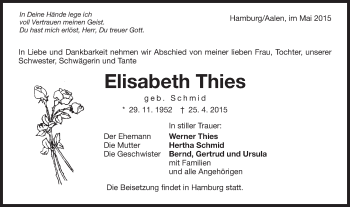 Traueranzeige von Elisabeth Thies von Schwäbische Post