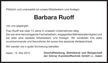 Traueranzeige von Barbara Ruoff von Schwäbische Post