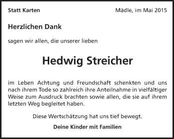 Traueranzeige von Hedwig Streicher von Schwäbische Post