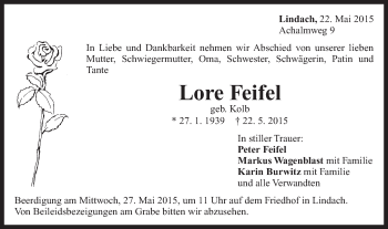 Traueranzeige von Lore Feifel von Gmünder Tagespost