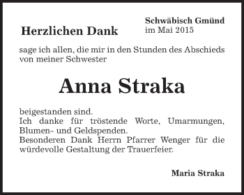 Traueranzeige von Anna Straka von Gmünder Tagespost