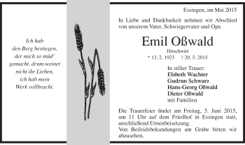 Traueranzeige von Emil Oßwald von Schwäbische Post