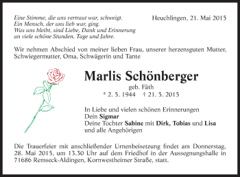 Traueranzeige von Marlies Schönberger von Gmünder Tagespost