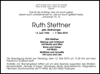 Traueranzeige von Ruth Stettner von Gmünder Tagespost