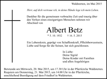 Traueranzeige von Albert Betz von Gmünder Tagespost