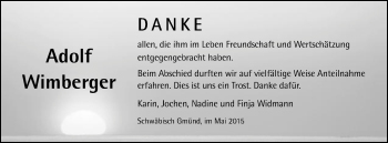 Traueranzeige von Adolf Wimberger von Gmünder Tagespost