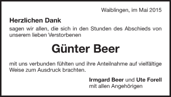 Traueranzeige von Günter Beer von Schwäbische Post