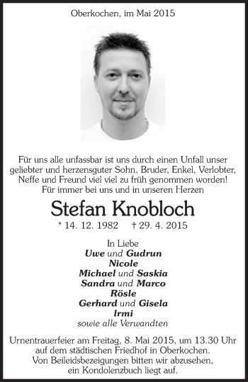 Traueranzeige von Stefan Knobloch von Schwäbische Post