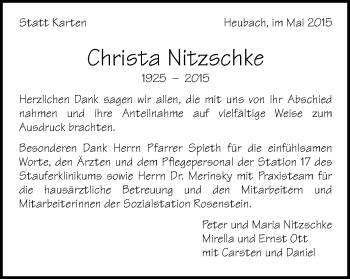 Traueranzeige von Christa Nitzschke von Gmünder Tagespost