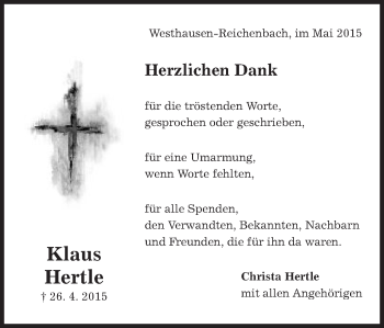 Traueranzeige von Klaus Hertle von Schwäbische Post