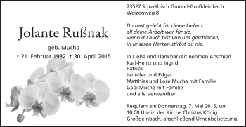 Traueranzeige von Jolante Rußnak von Gmünder Tagespost