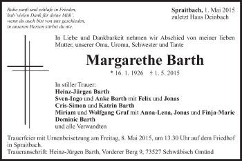 Traueranzeige von Margarethe Barth von Gmünder Tagespost