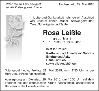 Traueranzeige von Rosa Leißle von Schwäbische Post