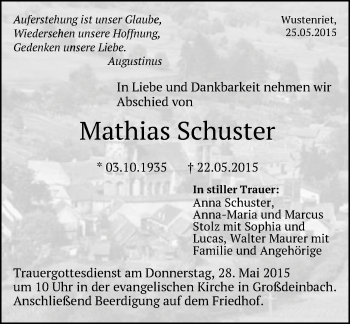 Traueranzeige von Mathias Schuster von Gmünder Tagespost