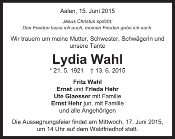 Traueranzeige von Lydia Wahl von Schwäbische Post