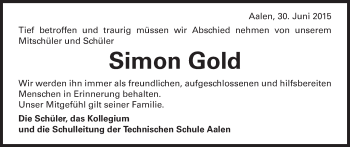 Traueranzeige von Simon Gold von Schwäbische Post