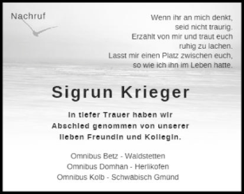 Traueranzeige von Sigrun Krieger von Gmünder Tagespost