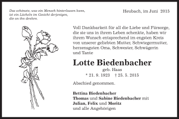 Traueranzeige von Lotte Biedenbacher von Gmünder Tagespost