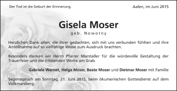 Traueranzeige von Gisela Moser von Schwäbische Post