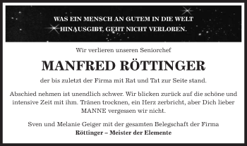 Traueranzeige von Manfred Röttinger von Schwäbische Post