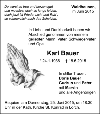 Traueranzeige von Karl Bauer von Gmünder Tagespost