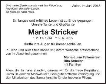 Traueranzeige von Marta Stricker von Schwäbische Post