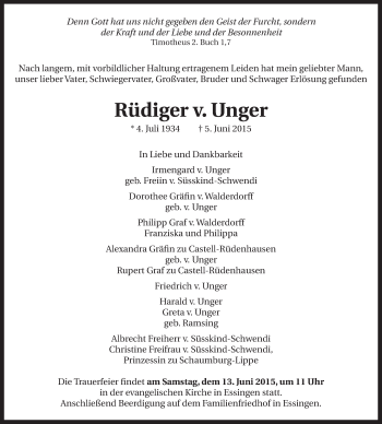 Traueranzeige von Rüdiger v. Unger von Schwäbische Post
