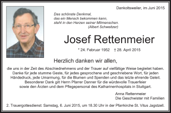 Traueranzeige von Josef Rettenmeier von Schwäbische Post