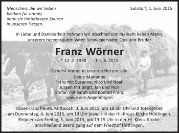 Traueranzeige von Franz Wörner von Schwäbische Post