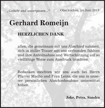 Traueranzeige von Gerhard Romeijn von Schwäbische Post