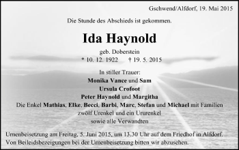 Traueranzeige von Ida Haynold von Gmünder Tagespost