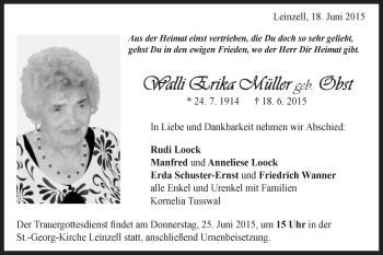 Traueranzeige von Walli Erika Müller von Gmünder Tagespost