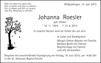 Traueranzeige von Johanna Roesler von Gmünder Tagespost