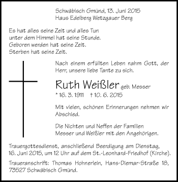 Traueranzeige von Ruth Weißler von Gmünder Tagespost