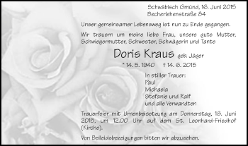 Traueranzeige von Doris Kraus von Gmünder Tagespost