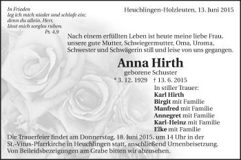 Traueranzeige von Anna Hirth von Gmünder Tagespost