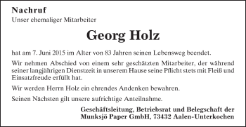 Traueranzeige von Georg Holz von Schwäbische Post