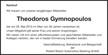 Traueranzeige von Theodoros Gymnopoulos von Gmünder Tagespost