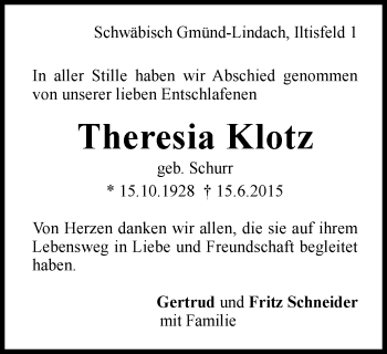 Traueranzeige von Theresia Klotz von Gmünder Tagespost