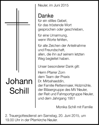 Traueranzeige von Johann Schill von Schwäbische Post