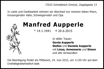 Traueranzeige von Manfred Aupperle von Gmünder Tagespost