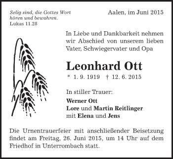 Traueranzeige von Leonhard Ott von Schwäbische Post
